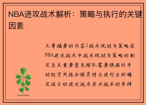 NBA进攻战术解析：策略与执行的关键因素